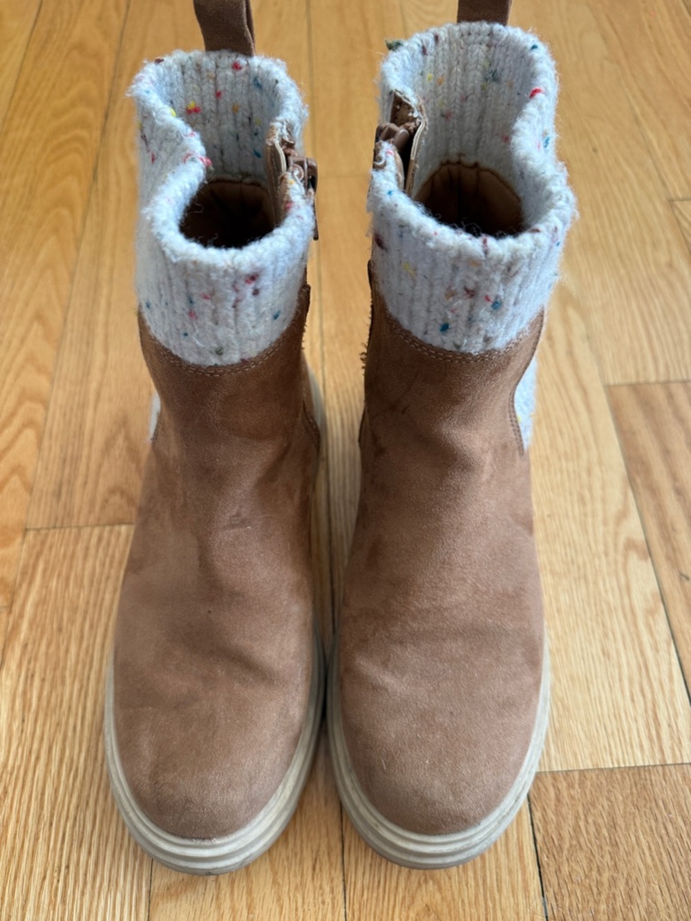 Tan Suede Booties with Speckled Knit Cuffs - Picture 2 of 4